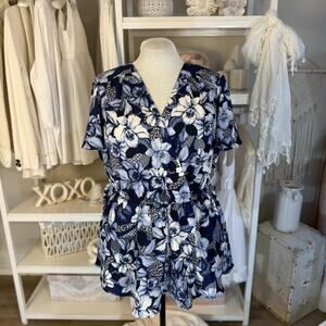 Lane Bryan Plus sz. 14 blue floral stretch knit blouse, Easter, career #3659